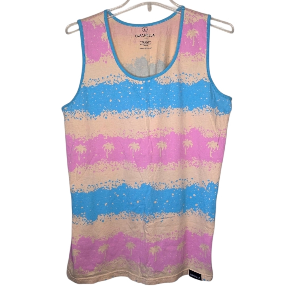 Coachella Pink/Blue/Cream Palm Tree Graphic Tie Dye Tank Size Large
